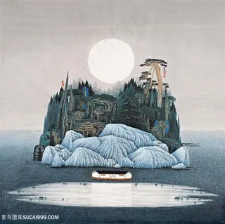 薛亮水墨风景画湖畔建筑山脉明月中式风景画国画图片