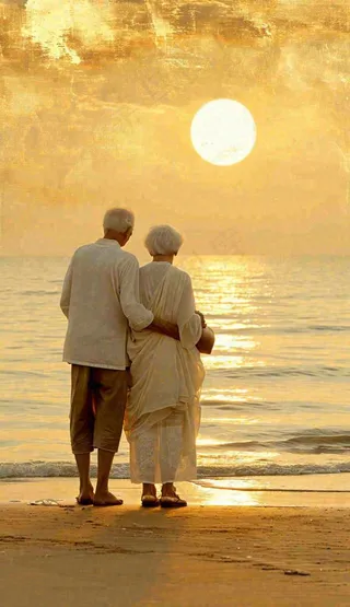 落日下老年人父母陪伴爱情，情人节温馨浪漫摄影图