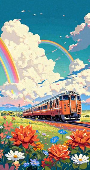 蓝天白云户外铁路草地彩虹手绘，色彩缤纷