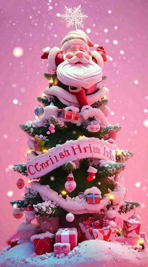 圣诞节快乐圣诞老人雪花，粉色渐变卡通