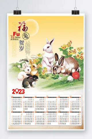 2023日历 插画兔年日历兔年挂历