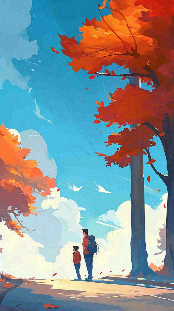 秋天红色秋叶树落叶温馨自然风景，立秋手绘插画(816x1456)