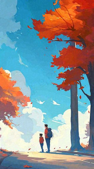 秋天红色秋叶树落叶温馨自然风景，立秋手绘插画