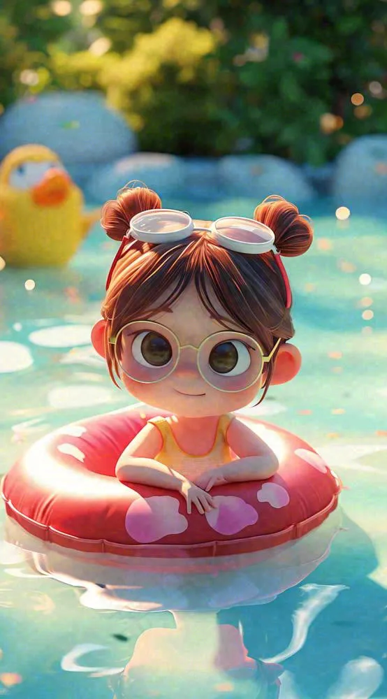 夏日卡通少女泳池游泳玩耍运动，夏天暑期(816x1472)