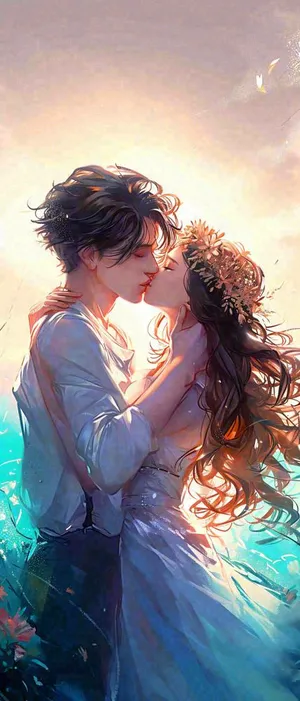 情人节情侣海上拥吻亲吻，爱情唯美落日海景