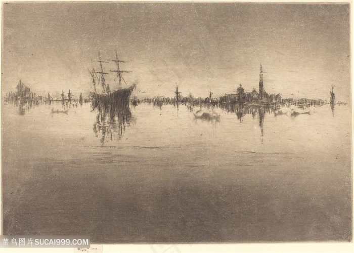 惠斯勒素描湖畔船美景装饰画