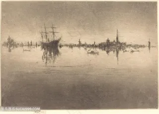 惠斯勒素描湖畔船美景装饰画