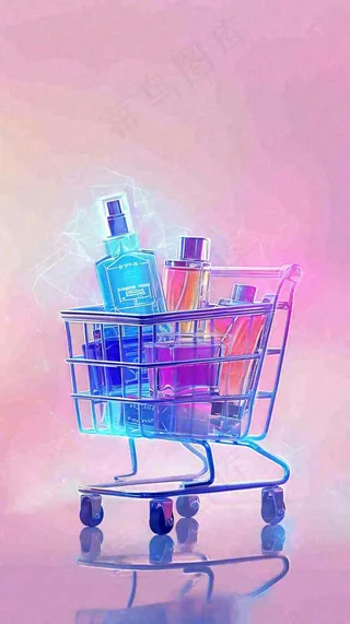 粉紫绚丽购物车采购电商美妆时尚，3D推车