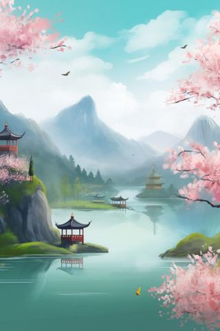 浪漫古风山水风景插画背景