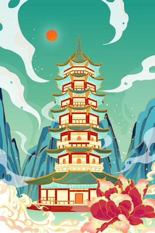 中国风国潮古建筑地标城市古风建筑阁楼印象地标手绘插画PSD素材