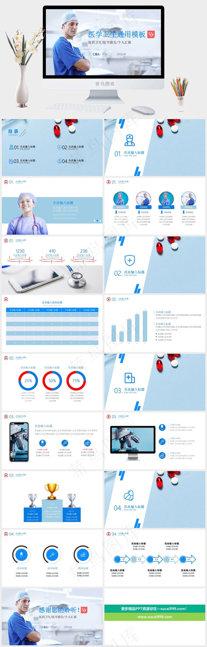 蓝白实用医药卫生工作总结报告ppt模板