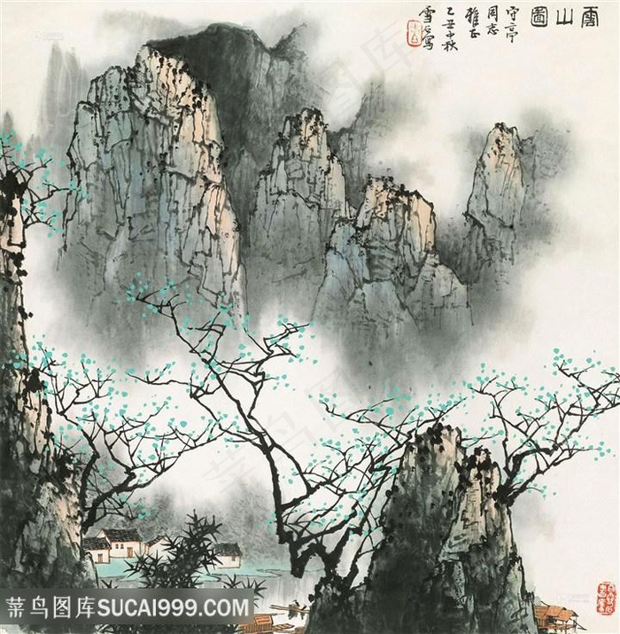 高清白雪石水墨山脉唯美风景画