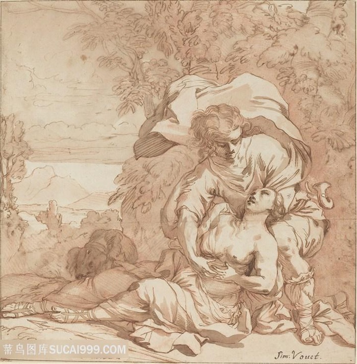 扶着受伤的女士风景画