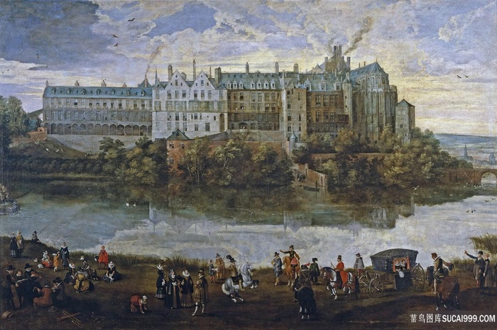 河流建筑人物风景画油画