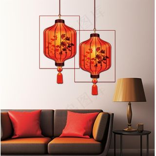 家居室内沙发壁画红灯笼摄影图