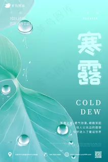 青色 树叶露珠 简约风 寒露海报