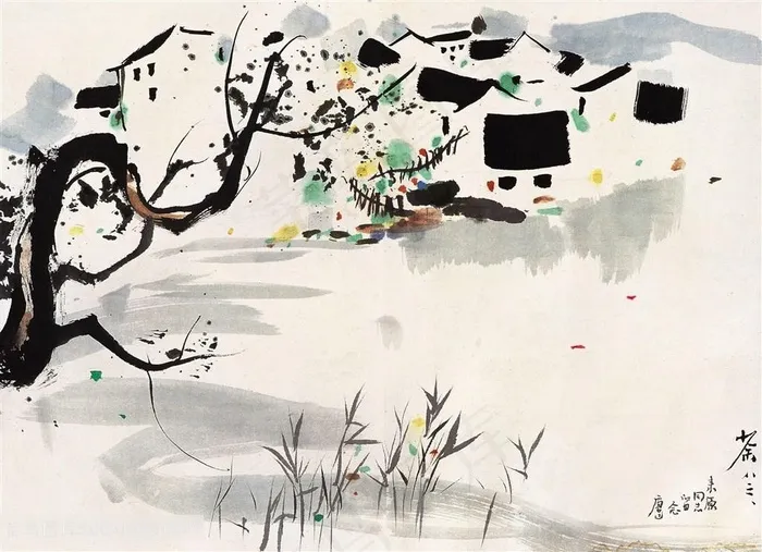 吴冠中手绘水墨房子唯美装饰画