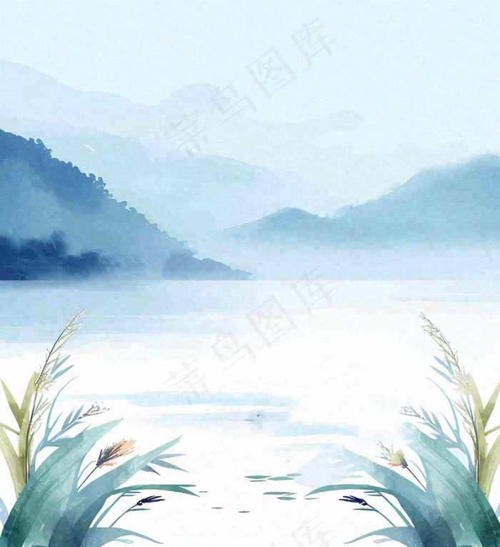 中国风意境湖面山脉云层山水画插画(1024x1120)