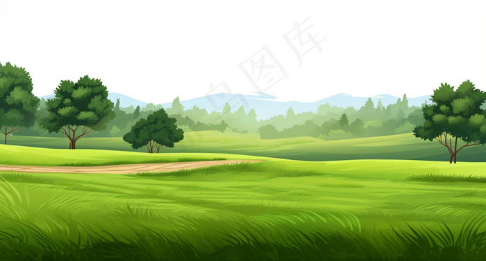 乡村草丛树木卡通插画背景(4368x2352)