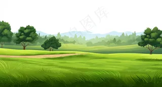 乡村草丛树木卡通插画背景
