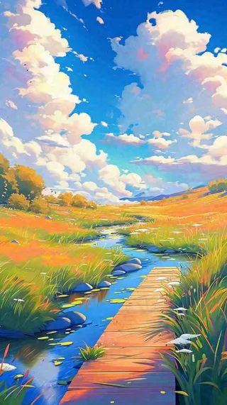 春天草坪河流小溪蓝天白云清新阳光手绘插画，立春春分