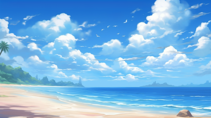 夏日海边沙滩蓝天白云插画背景(4368x2448)