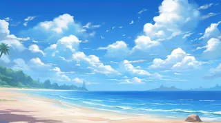 夏日海边沙滩蓝天白云插画背景