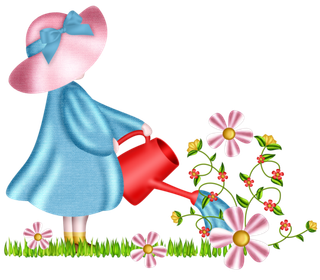 卡通红色帽子蓝衣服小孩浇花