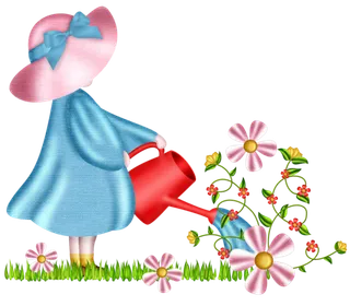 卡通红色帽子蓝衣服小孩浇花