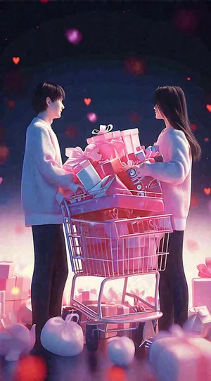 爱心购物车礼物浪漫粉色手推车，3D插画