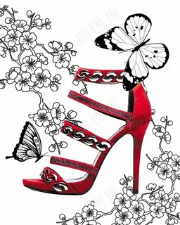 花卉蝴蝶高跟鞋