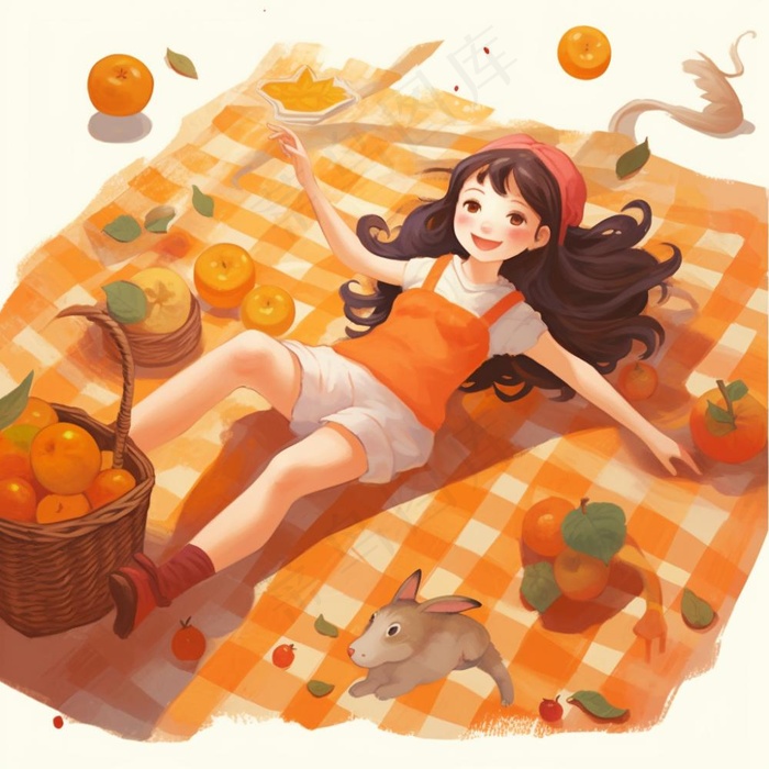 野餐垫上的女孩水果玩耍开心橙色插画素材背景
