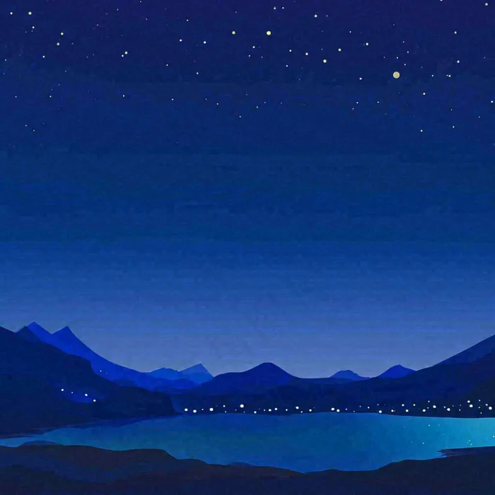 夜晚河面星空月亮唯美夜景扁平插画手绘(1024x1024)