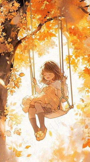 秋天落叶季节少女玩耍荡秋千，秋分儿童