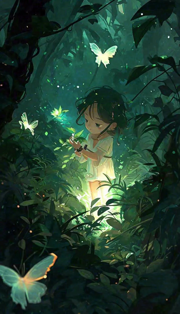 森林丛林夜晚女孩玩耍手绘插画，蝴蝶可爱(816x1421)
