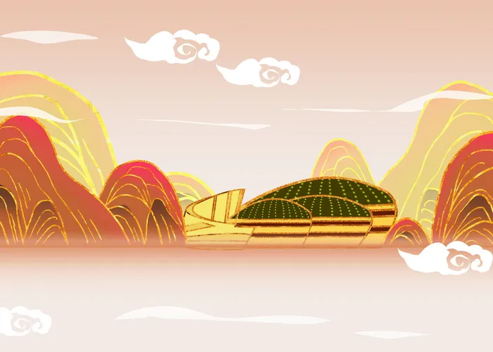 国潮鎏金河南艺术中心地标建筑psd模版下载