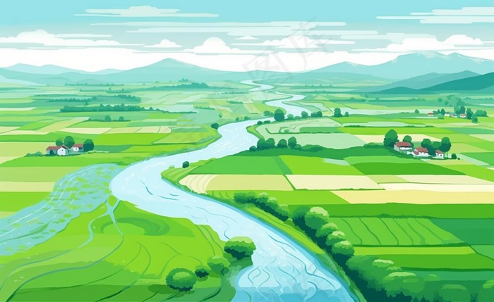 乡村村庄美丽风景河流插画农田插画背景(1408x864)