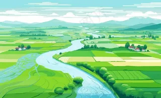 乡村村庄美丽风景河流插画农田插画背景