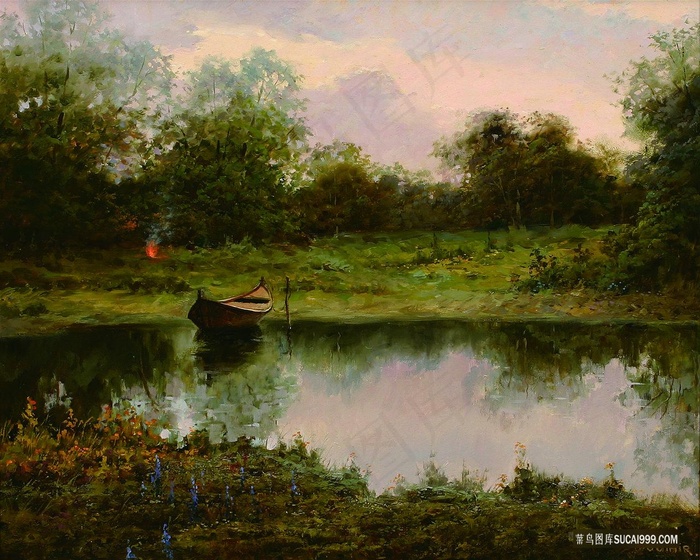 唯美木船河流风景画油画