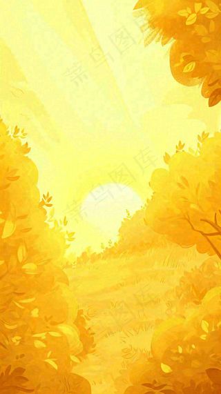黄色树枝秋天秋叶落日阳光手绘插画，秋分