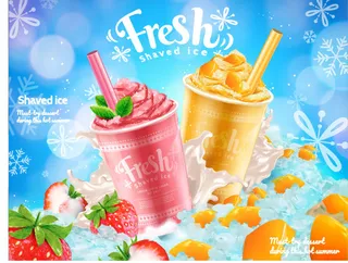 夏日冰剃海报-3D插图中有草莓和芒果口味-新鲜水果和配料