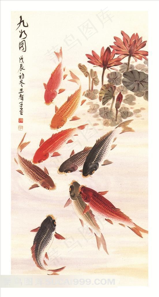 池塘鱼趣荷花图