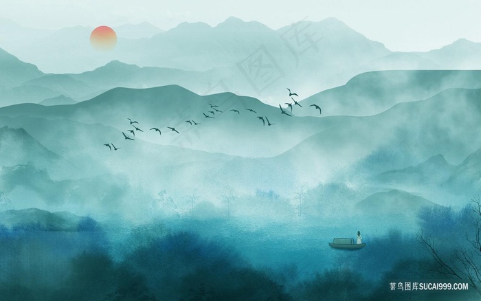 水墨山脉湖畔风景画装饰画