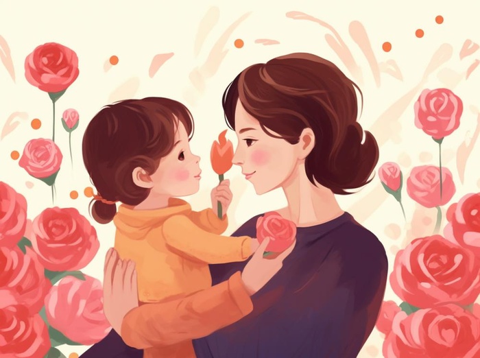 母亲节妈妈拥抱着孩子花海手绘插画素材海报背景(1264x944)