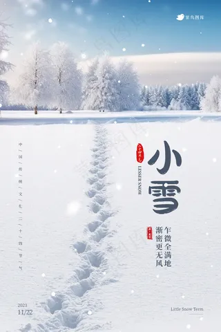 白色合成写实雪地脚印小雪海报