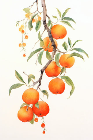 秋天树枝上挂着黄色果实水墨画水彩画素材