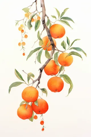 秋天树枝上挂着黄色果实水墨画水彩画素材