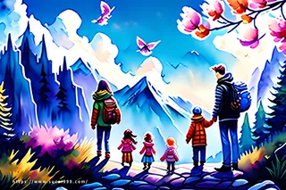 一家人爬山春季春游踏青人物元素插画