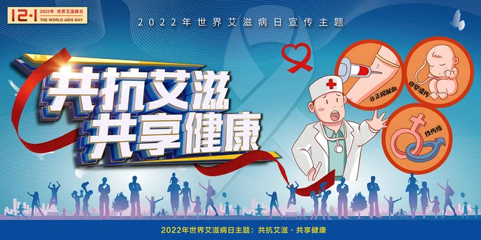 蓝色2022世界艾滋病日共抗艾滋共享健康展板psd模版下载