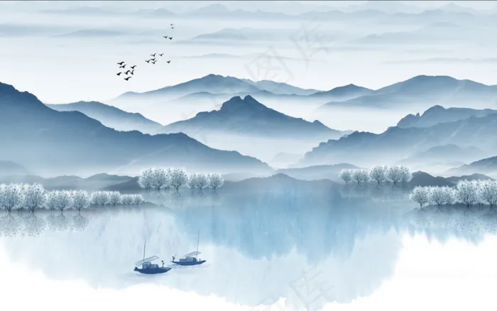 中国风山水花鸟日出帆船鸿运当头客厅卧室玄关画酒店装饰画壁画挂画(9071x5669)psd模版下载